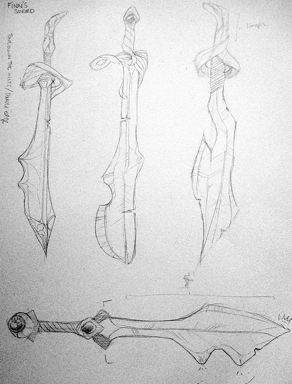 Actual design note: "It's like an axe, but also a sword. It's a broad sword that's SO broad, it's practically an axe. It's... it's just... it's stupid. Draw a big dumb stupid axe-sword and you'll probably get it." And she did! :D
